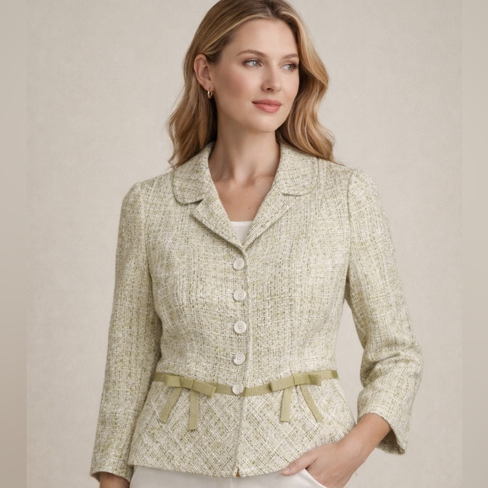 Ann Taylor Women's Size 4 Green Tweed Linen Blend Blazer Career Coquette Barbie